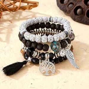 4 pc beaded bracelets tree of life angel wing volcanic ash charm accessories
